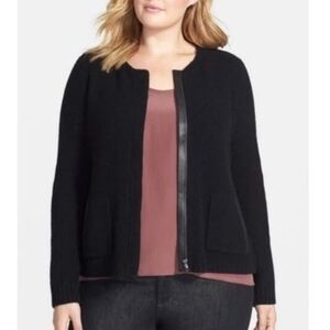 Eileen Fisher Black Yak Wool Leather Trim Textured Jacket Sweater Cardigan NWOT